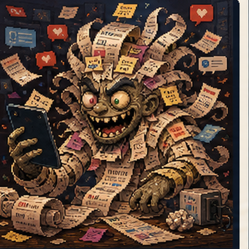 The Scroll Goblin, a pixel-art creature made of endless feeds